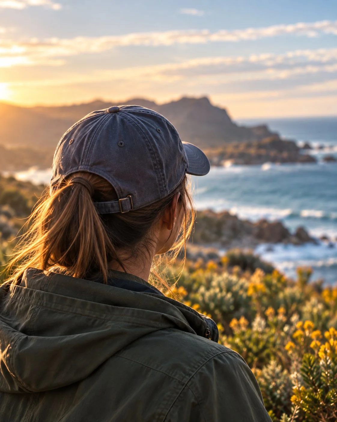 A woman seen from behind in a navy cap and an olive-green jacket, looking out at the sea and rocky coast in warm evening light.
