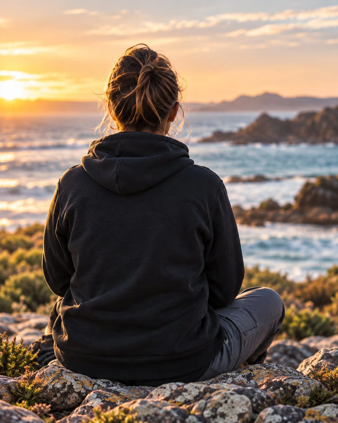 A person seen from behind, sitting on lichen-covered rocks in a black hoodie and looking out at the sea and a sunset sky.