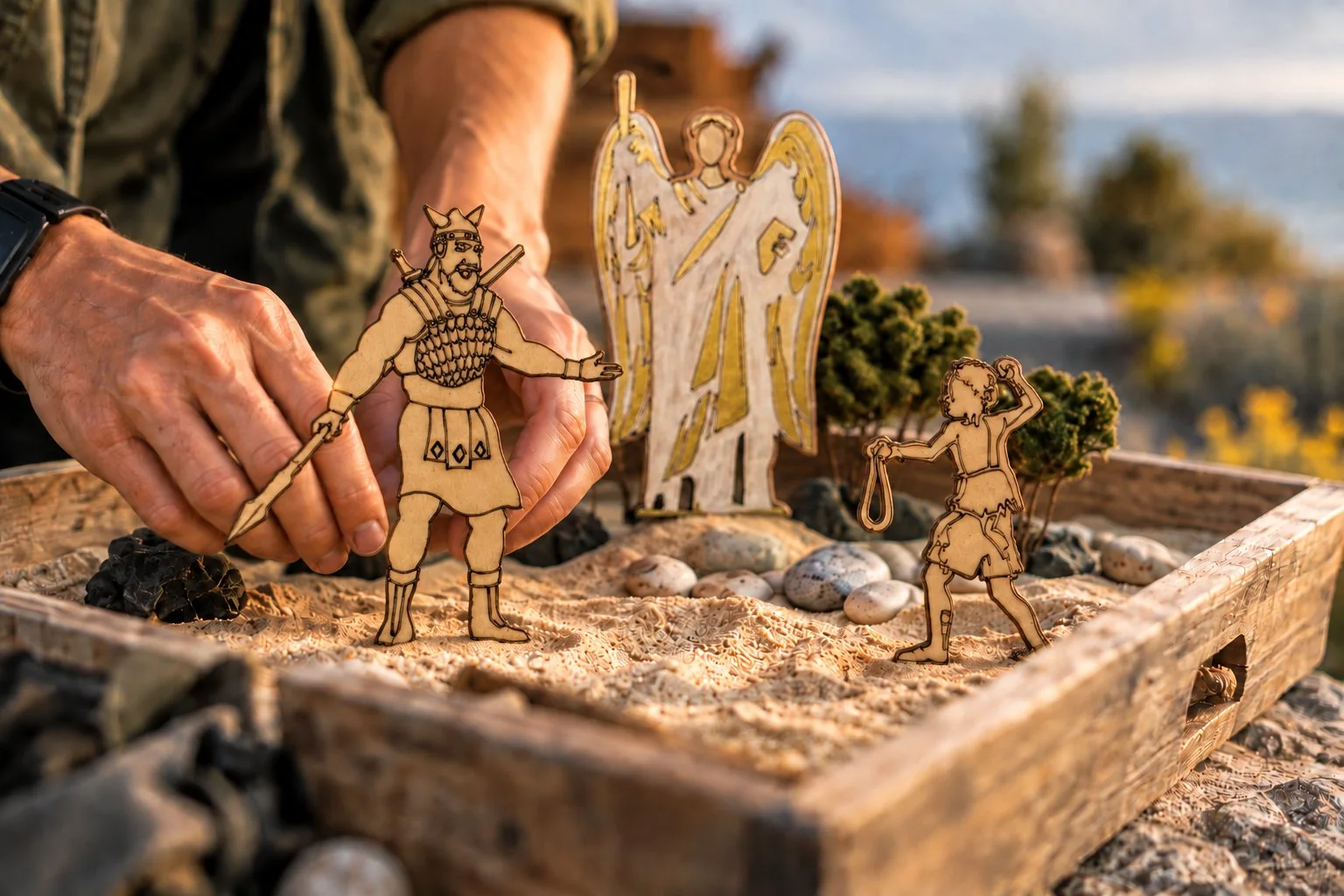Hands placing a flat wooden warrior figure holding a spear into a tray of sand with stones and small shrubs; a winged angel and a small figure with a sling stand beside him.