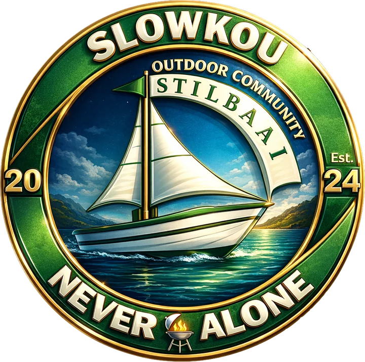 Round Slowkou badge: a white sailing boat with a green flag on blue water with green hills behind it, inside a green and gold ring that reads Slowkou at the top and Never Alone at the bottom, with Outdoor Community Stilbaai on a banner across the sails, Est. 2024 on the sides and a small braai grill between the last two words.